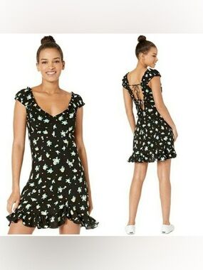 Free People Like A Lady Mini Dress Black Floral Open Back Ruffle Hem L